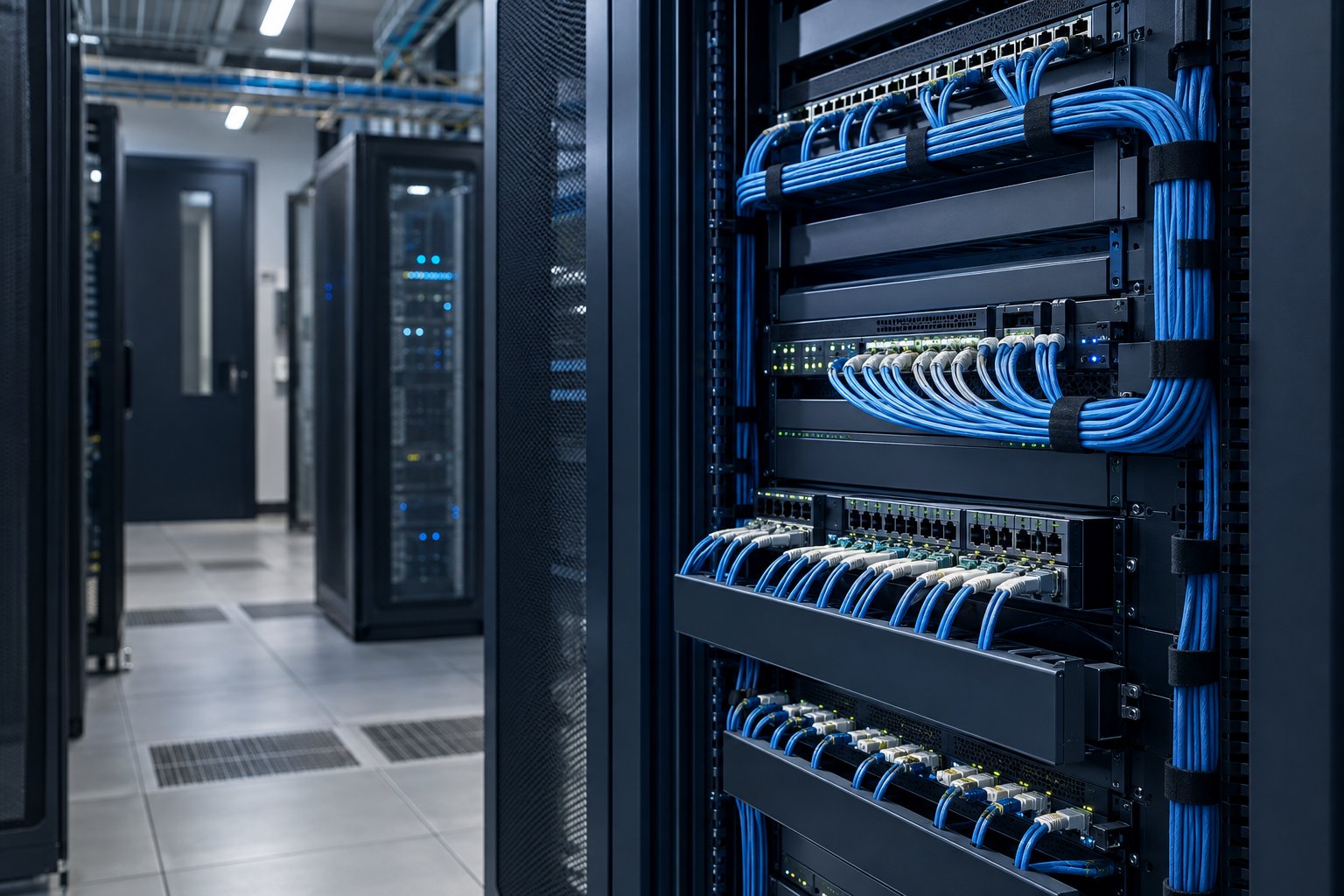 Rack de rede com cabeamento estruturado em sala técnica